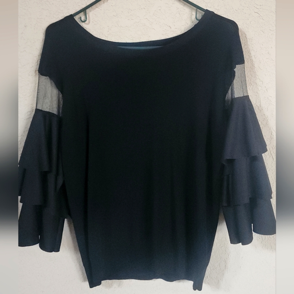 Cliche Linen Blend Sheer Ruffled Tiered Sleeves Black Blouse